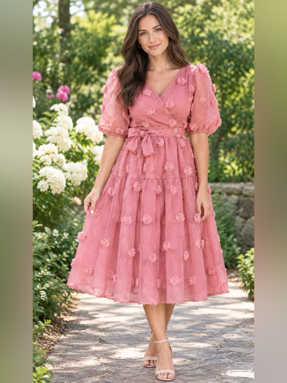 Ivy City Co First Love Pink Pom Pom MIDI Faux Wrap Dress Size Large NWT